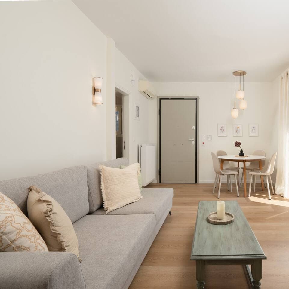 Living room with the dining nook beyond