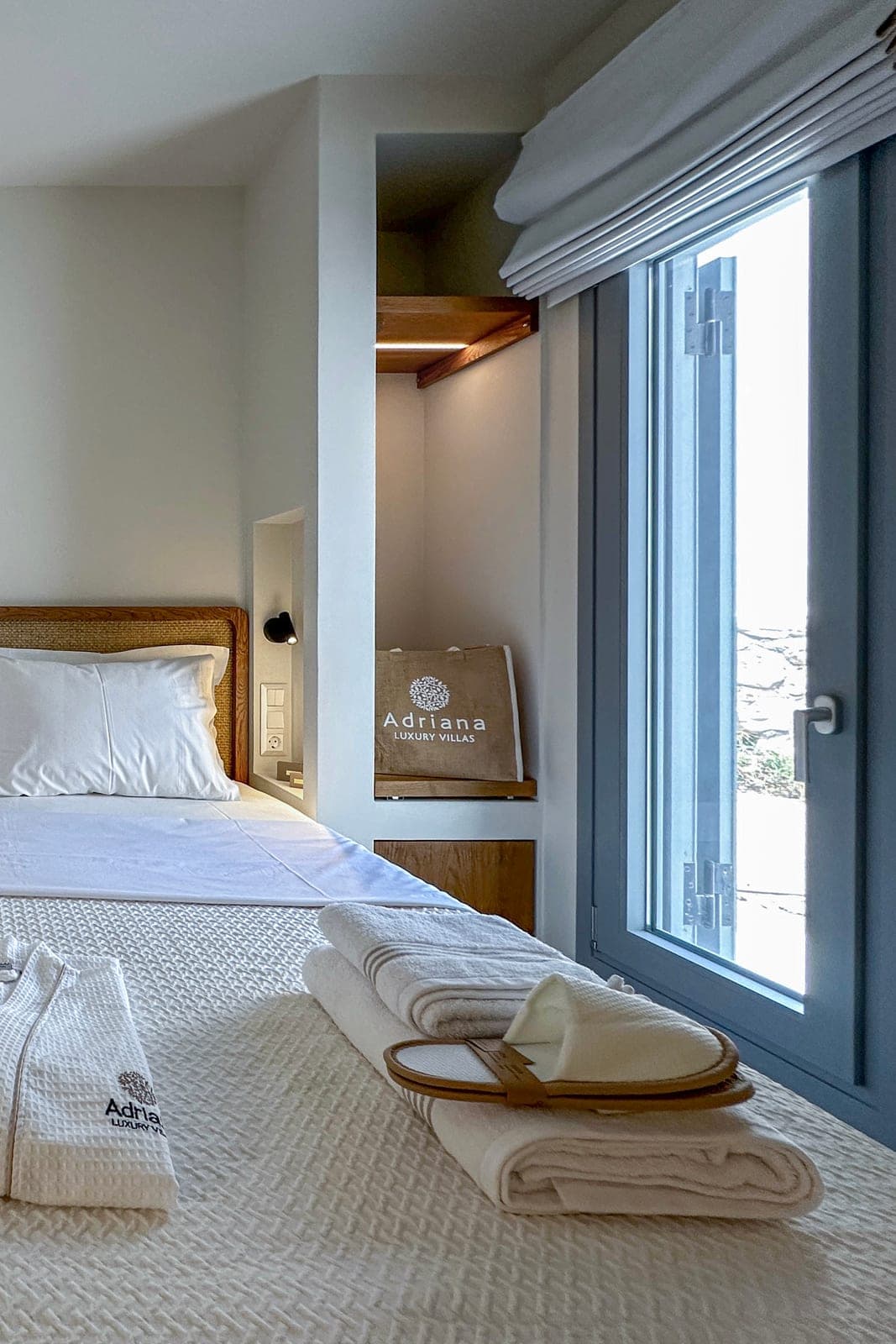 Bedroom with bathrobes laid on the bed