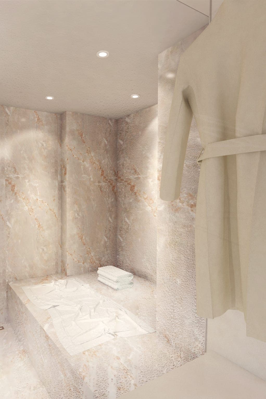 Walk-in shower in pale stone