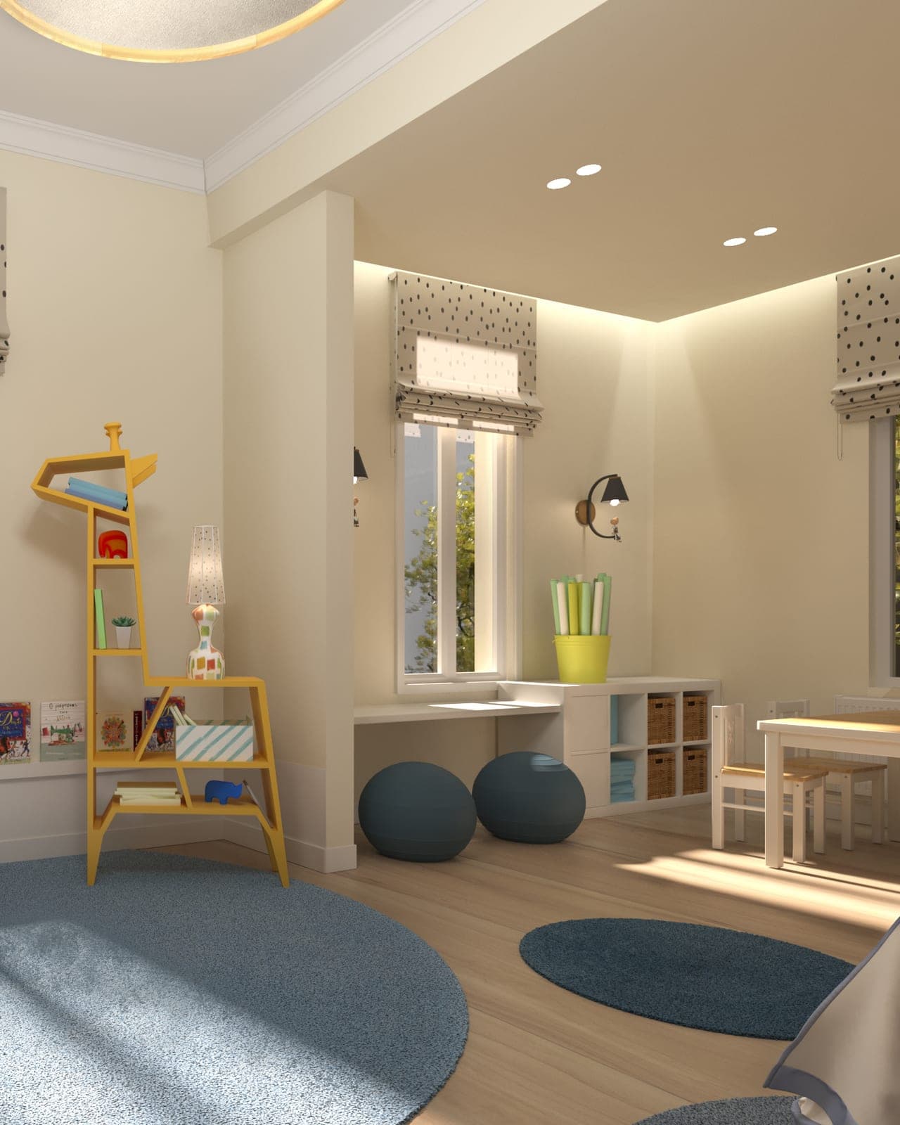Playroom with round blue rugs