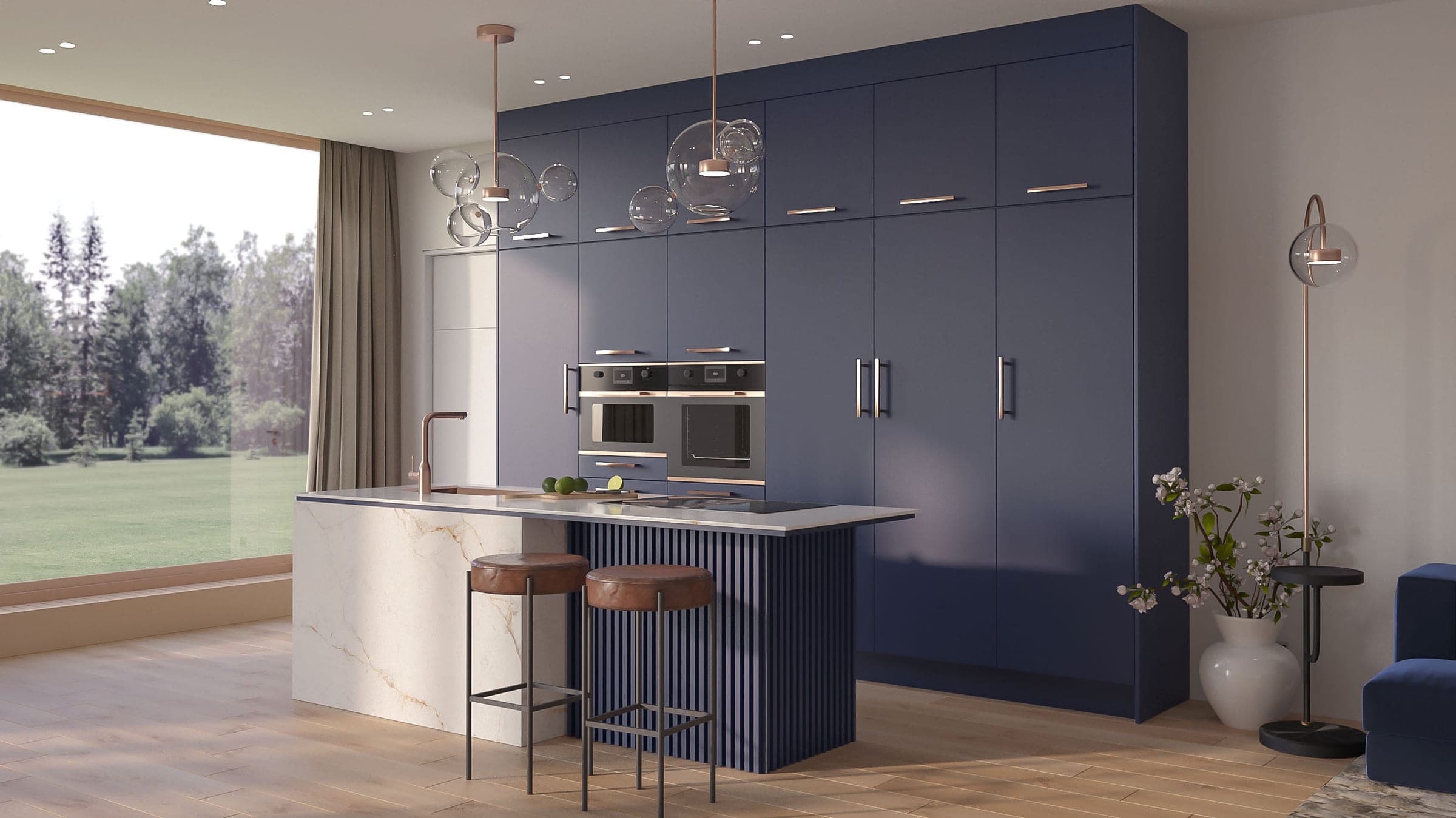 Deep-blue kitchen with a marble island