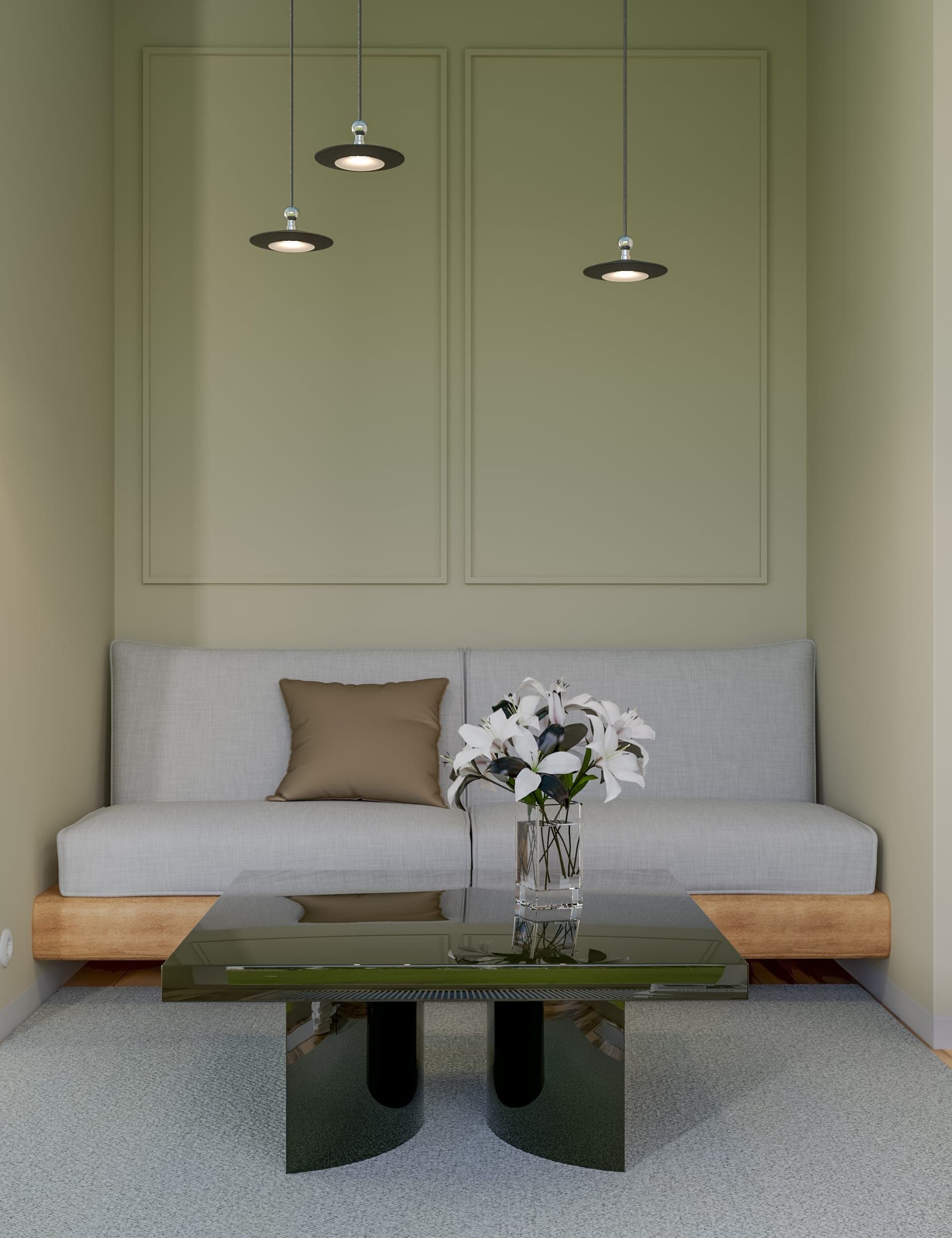 Sofa in the sage-green living room